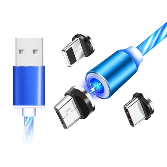 Magnetický nabíjací USB kábel s LED podsvietením, 3v1, 1m, modrý KAXL