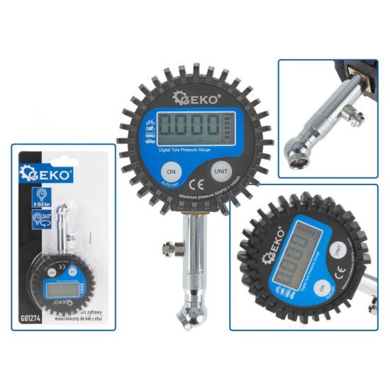 Digitálny tlakomer na meranie tlaku v pneumatikách, 0-13,8 bar, s koncovkou GEKO 45°