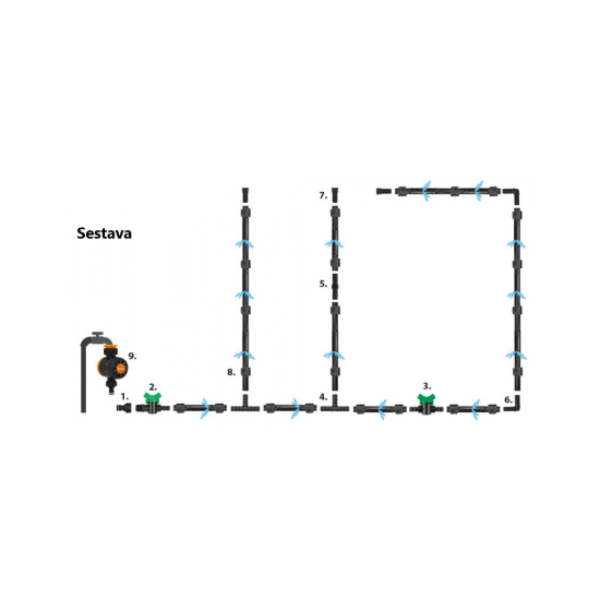 zavlažovacia súprava, odkvapkávacia hadica Water Flow Drip ø16mm 100m, 182ks príslušenstvo a zavlažovací časovač BRADAS