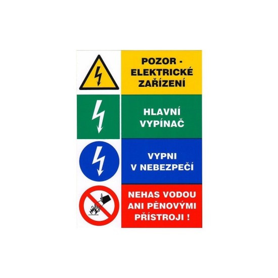 Tabuľka - Upozornenie elektrické zariadenia Hlavný vypínač Vypnutie v nebezpečenstve Nezhasínajte vodou, nálepka A5