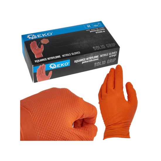 Nitrilové rukavice Solid Grip 3D, pevné, odolné voči chemikáliám, 50 ks, oranžové, veľkosť M - GEKO